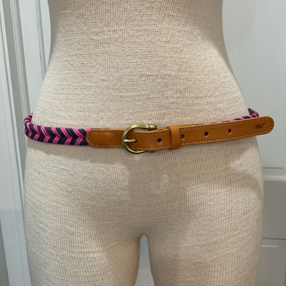 Vineyard Vines Pink and Navy Braided Belt with Tan Leather Trim